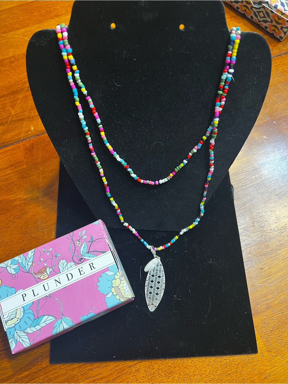 Plunder Multicolor Seed Bead Necklace with Silver Leaf Charm